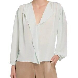 Vince Shirred Silk Blouse Womens Size Small Draped Front Light Green Long Sleeve